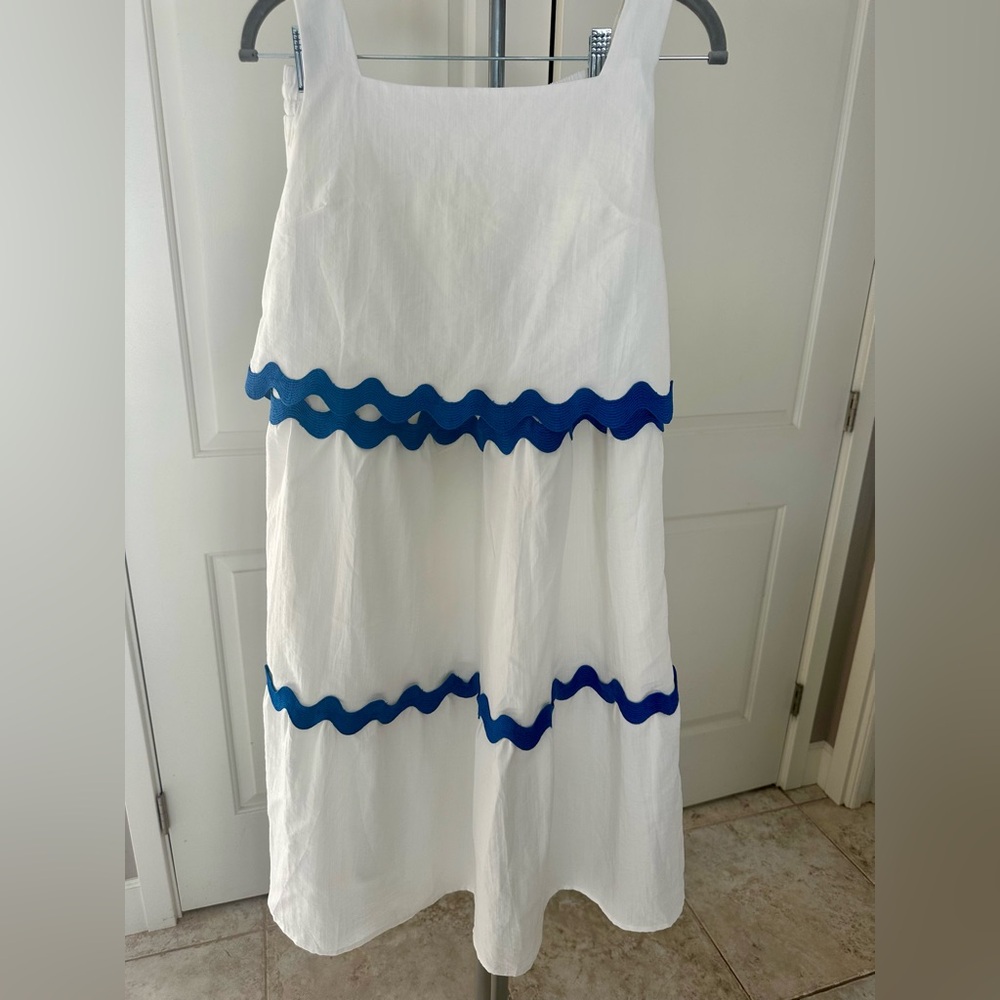 White Two-Piece Dress Set w/ Blue Ric Rac Trim | Summer Resort